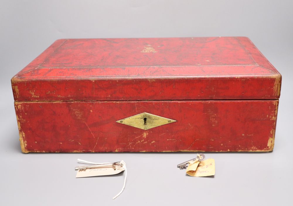 A red leather despatch box bearing King George V royal cypher, locked with key inside, width 41cm